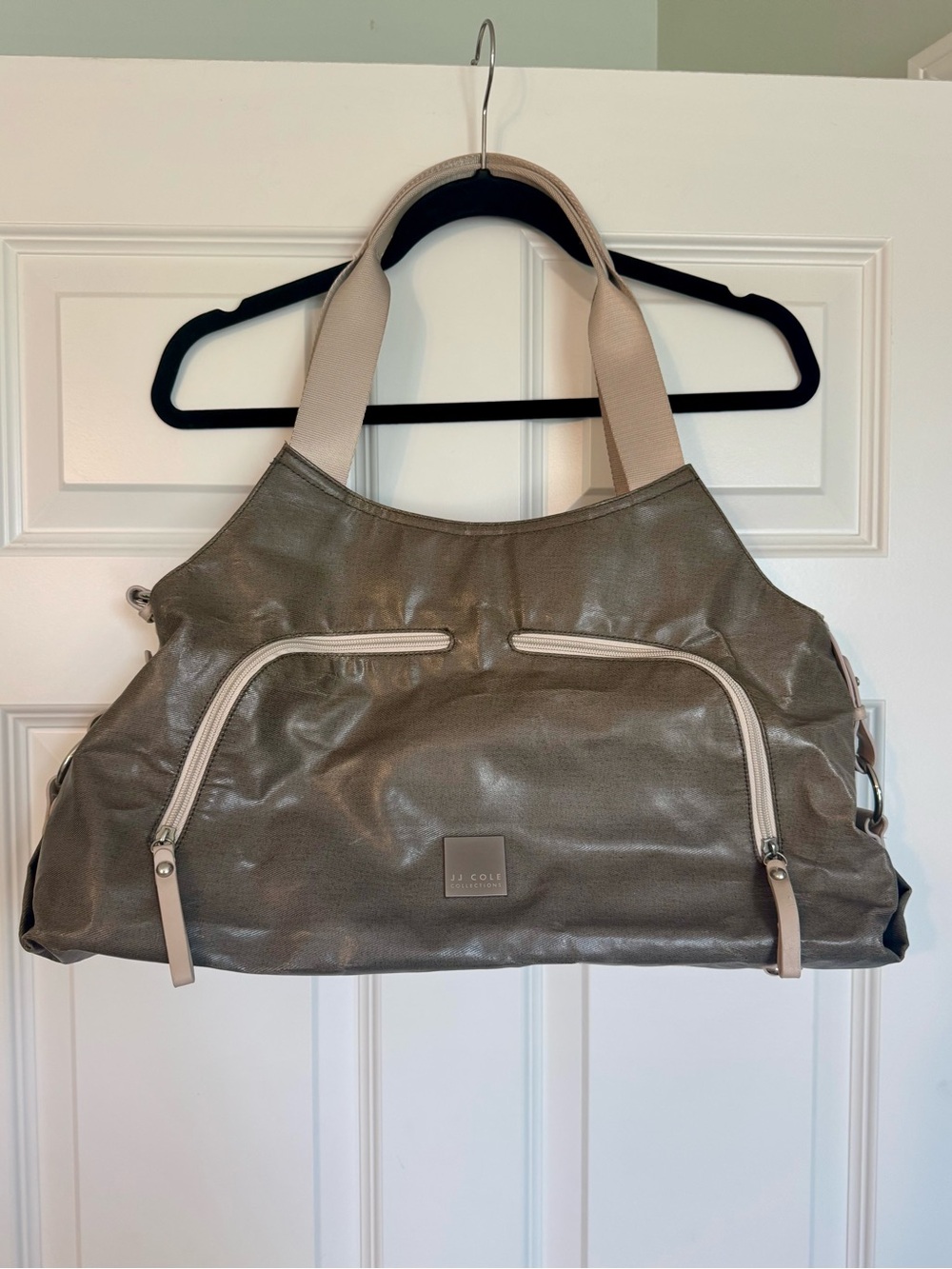 JJ Cole Metallic Taupe Shoulder Diaper Bag with Cream Straps 3 Pc Set